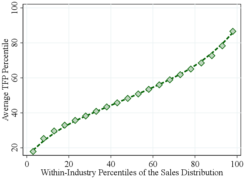 Figure A.10 – Robustness: TFP Percentile across the Firm Revenue Distribution, Cobb-Douglas Production Function